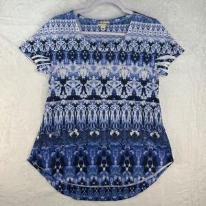 World Unity Blue White Kaleidoscope Tie Dye Rhinestone Shredded Sleeve Top M